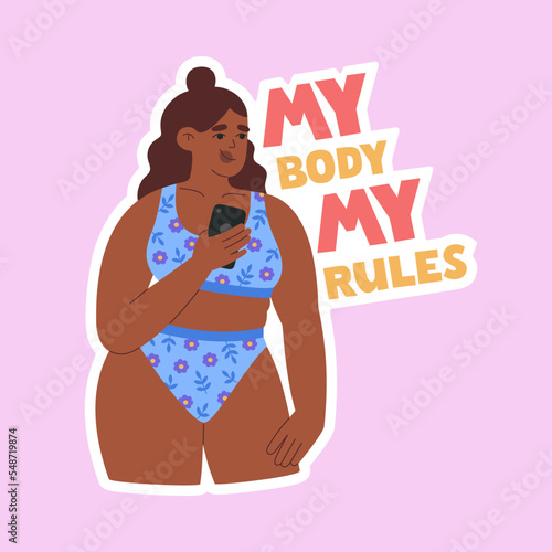 Tela Plus size dark skin girl in bikini with phone and lettering My body my rules