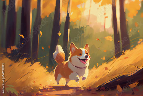 happy corgi running in the autumn forest photo