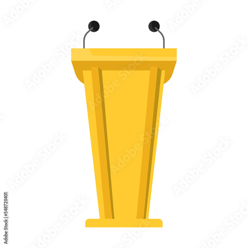 yellow sparkling debate rostrum and platform with double microphone, cartoon vector illustration. Wooden tribune and glass podium with microphone