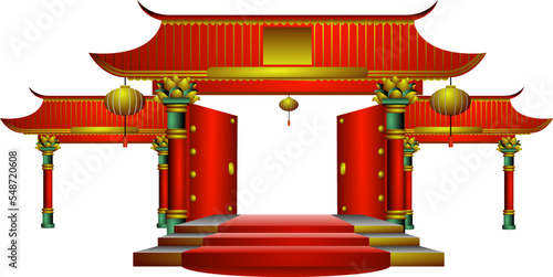 chinese red gate and pillars with gold 

decoration.
