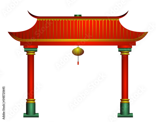 chinese red gate and pillars with gold 

decoration.
