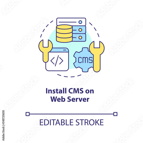 Install CMS on web server concept icon. Site adjusting. Building website. Internet abstract idea thin line illustration. Isolated outline drawing. Editable stroke. Arial, Myriad Pro-Bold fonts used