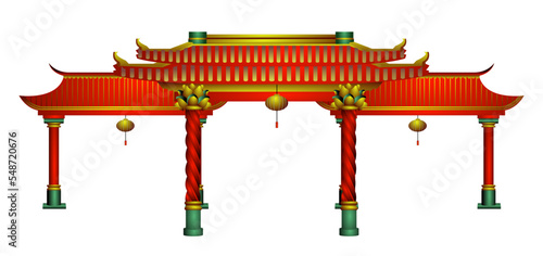 chinese red gate and pillars with gold 

decoration.
