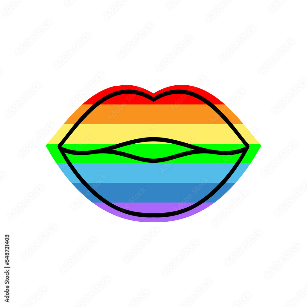 Illustration of lips color of the rainbow with black outline. Print defect effect. Isolated Symbol. Vector Icon of cool sexy kisses. Flat sign for prints, comics, designs, stickers, and posters.