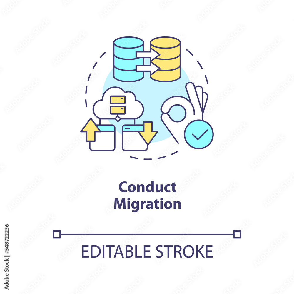 Conduct migration concept icon. Change CMS platform. Move website to new server abstract idea thin line illustration. Isolated outline drawing. Editable stroke. Arial, Myriad Pro-Bold fonts used Conduct migration concept icon. Change CMS platform. Move website to new server abstract idea thin line illustration. Isolated outline drawing. Editable stroke. Arial, Myriad Pro-Bold fonts used