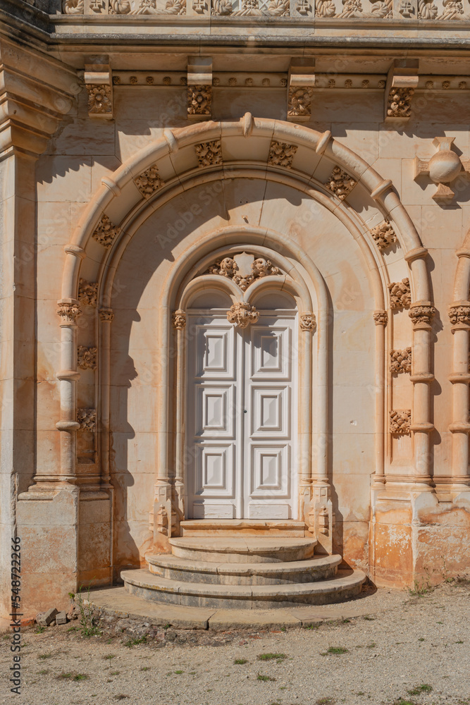 Facade detail of the Palace of Bucaco with garden in Portugal. Palace was built in Neo Manueline style between 1888 and 1907. Luso, Mealhada