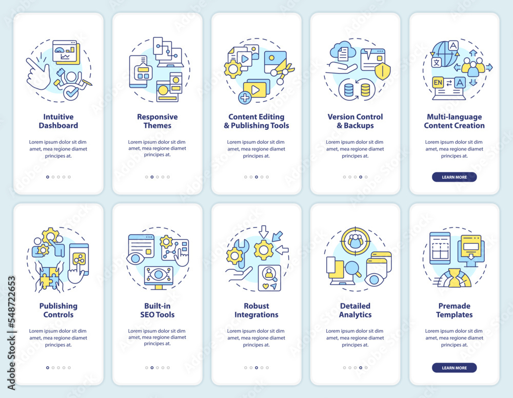 Content management system onboarding mobile app screen set. Walkthrough 5 steps editable graphic instructions with linear concepts. UI, UX, GUI template. Myriad Pro-Bold, Regular fonts used