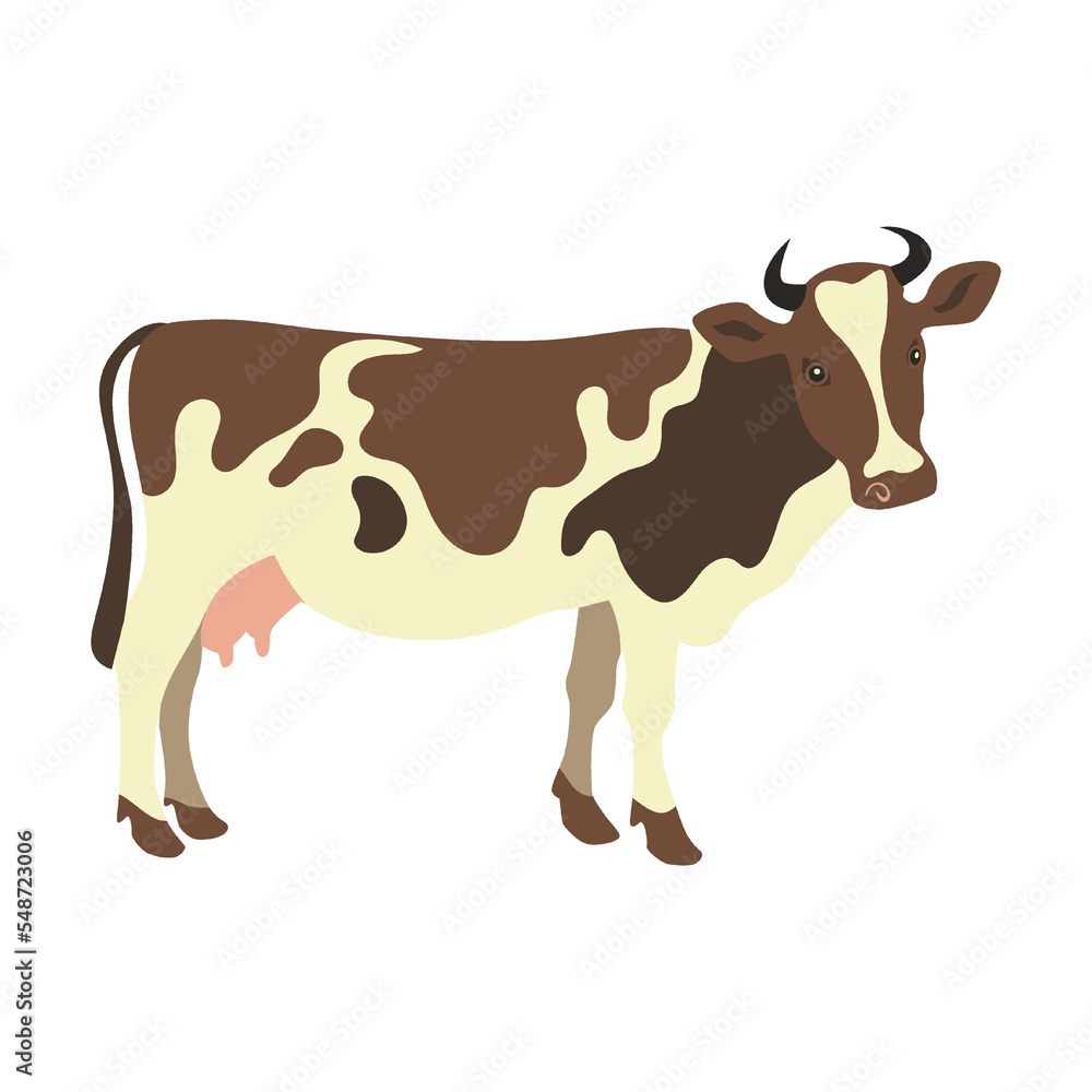 Cute spotted cow, farm animal flat vector illustration. Domestic animal isolated on white background