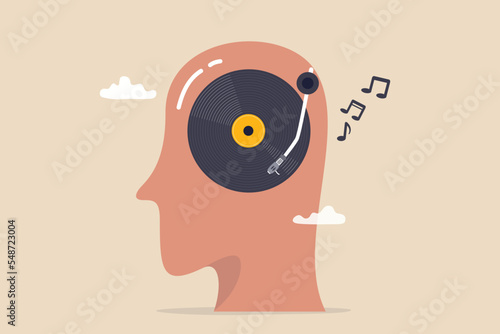 Listen to music while study or working, melody to relax or enjoy life, psychology or chill music help emotional concept, human head with vinyl record playing song in his head metaphor of music lover.