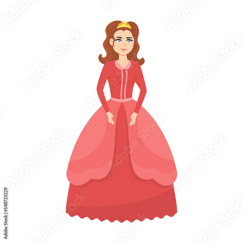 Young beautiful princess brunette in red dress with crown on head, cartoon vector illustration. Elegant fairytale women in colored costume and dress