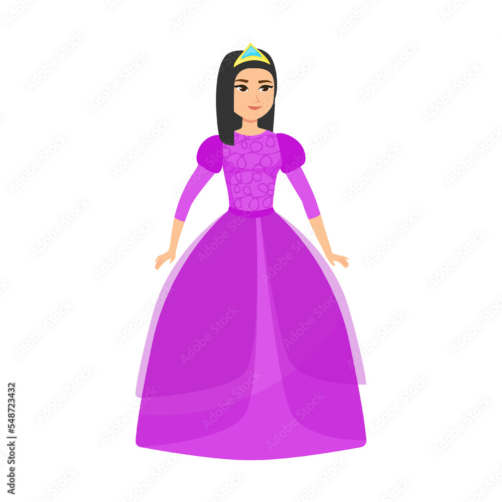 Young princess fabulous in purple dress, cartoon vector illustration. Elegant fairytale women in colored costume and dress Young princess fabulous in purple dress, cartoon vector illustration. Elegant fairytale women in colored costume and dress