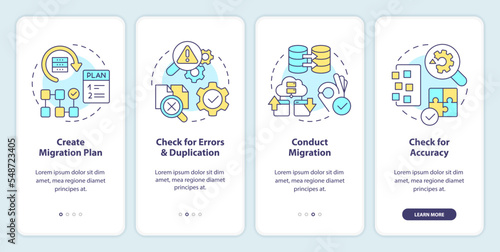 Perform CMS data migration onboarding mobile app screen. Platform walkthrough 4 steps editable graphic instructions with linear concepts. UI, UX, GUI template. Myriad Pro-Bold, Regular fonts used