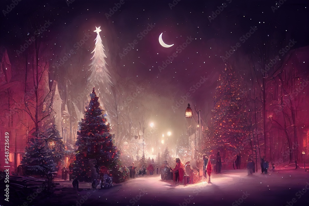 painted Christmas tree forest at eve night with people celebrating. Warm season greetings card. People sharing gifts at christmas eve night in snowy forest village painted Christmas tree forest at eve night with people celebrating. Warm season greetings card. People sharing gifts at christmas eve night in snowy forest village