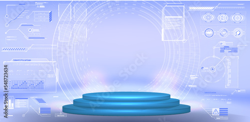 Blank Hologram for show your product. Circle technology portal. Vector illustration Abstract blue light effect background. Futuristic lab with 3D circle and HUD elements interface. 