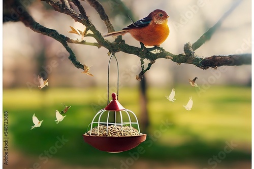 Leinwand Poster Bird feeder hanging from a tree with little bird mockup design