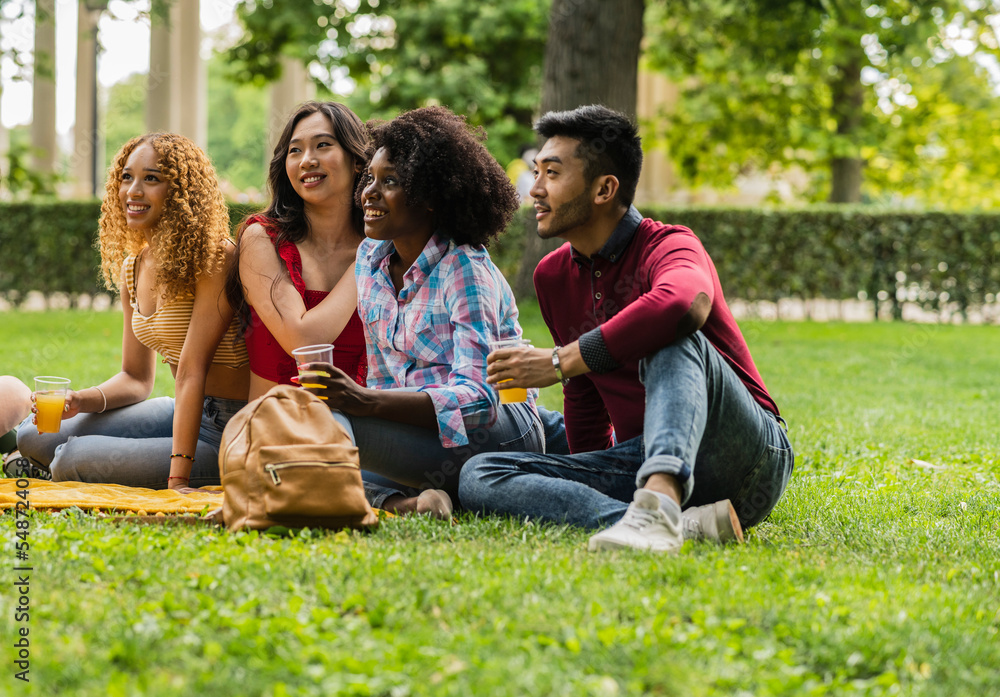 Fototapeta premium Multiracial group of friends sitting on the grass in a public park drinking orange juice. Focus on african american curly young female