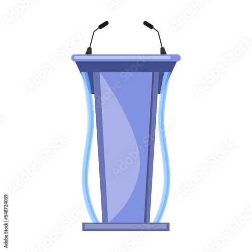 unusual modern debate rostrum and platform with double microphone, cartoon vector illustration. Wooden tribune and glass podium with microphone