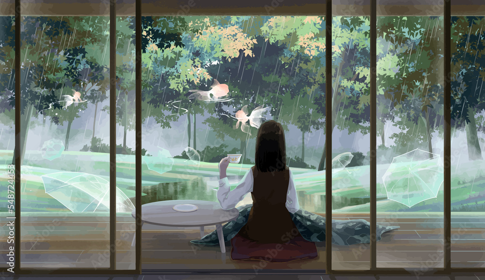 woman looking out window Japanese girl drinking tea in house anime digital art illustration paint background wallpaper