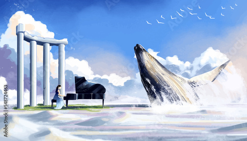 Photography girl playing piano in the ice and whale anime digital art illustration paint bac