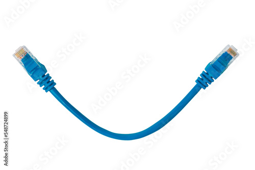 Patch cable with rj45 connector Blue patch cord isolated on white.  photo