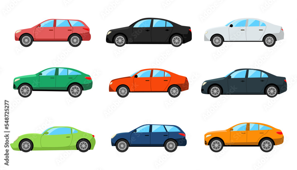 Colorful cars with different body types vector illustrations set. Collection of cartoon drawings of automobiles, coupe, hatchback, sedan isolated on white background. Transport, transportation concept