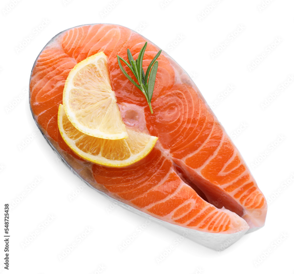Fresh raw salmon steak with rosemary and lemon on white background, top view Fresh raw salmon steak with rosemary and lemon on white background, top view