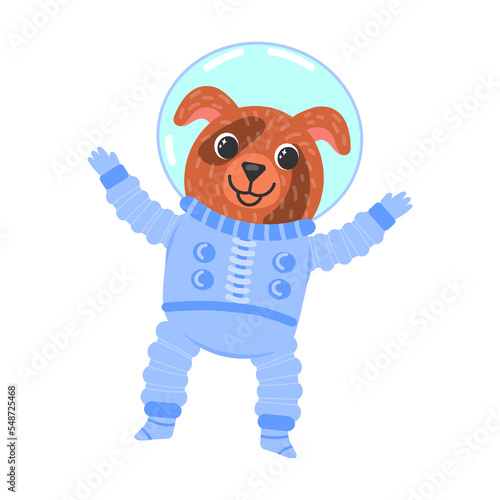 shaggy puppy dog waving his arms, astronaut in protective suit and spacesuit. Cartoon vector illustration