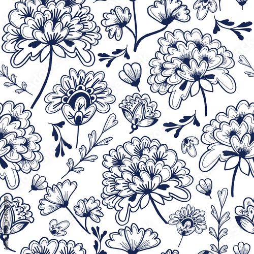 Seamless Chinese style flower pattern indigo blue on white background photo