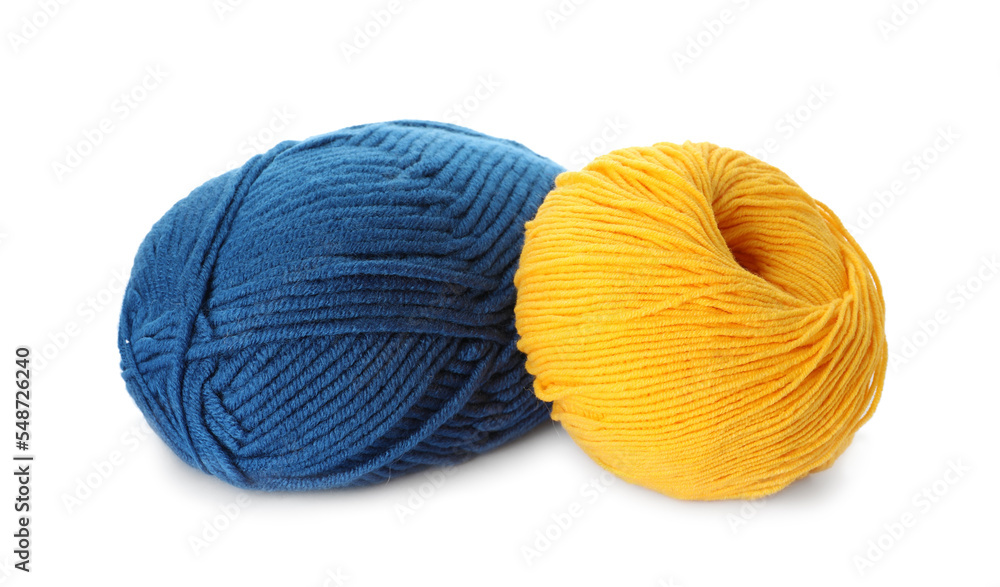 Blue and yellow balls of woolen knitting yarns on white background Blue and yellow balls of woolen knitting yarns on white background