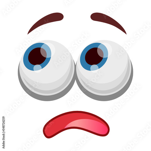 Comic confused and scared face expression vector illustration. Eyes and mouth of cute, funny or angry cartoon character isolated on white background
