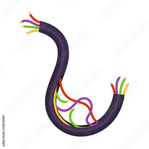 wave curved Damaged electrical wire. Vector illustration of broken circuit cable cord. Cartoon short pieces of torn copper power wires