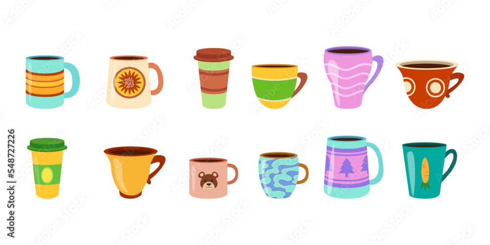 Cups or mugs of different shapes vector illustrations set. Collection of designs or ornaments for mugs or coffee cups isolated on white background. Beverage, coziness, morning concept Cups or mugs of different shapes vector illustrations set. Collection of designs or ornaments for mugs or coffee cups isolated on white background. Beverage, coziness, morning concept