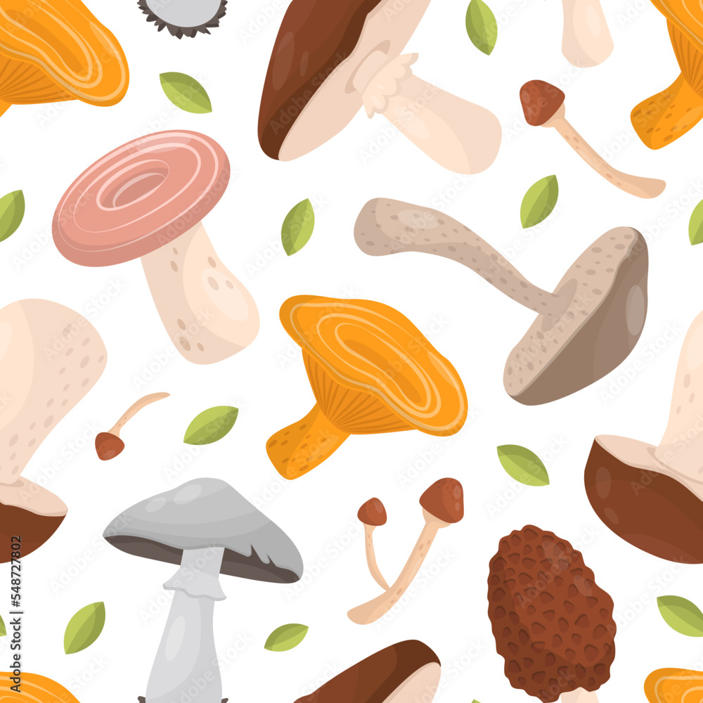 Mushrooms seamless pattern. Forest edible mushrooms repeating print for wallpaper, wrapping paper, textile, package design cartoon vector Mushrooms seamless pattern. Forest edible mushrooms repeating print for wallpaper, wrapping paper, textile, package design cartoon vector