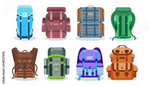 Different backpacks for camping vector illustrations set. Collection of cartoon drawings of bags for hiking or vacation isolated on white background. Accessory, traveling, journey, recreation concept