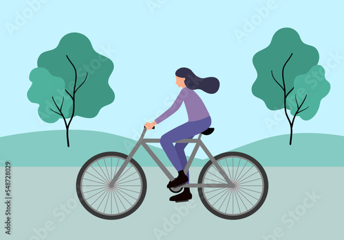 Young woman riding bicycle in a park in flat design.