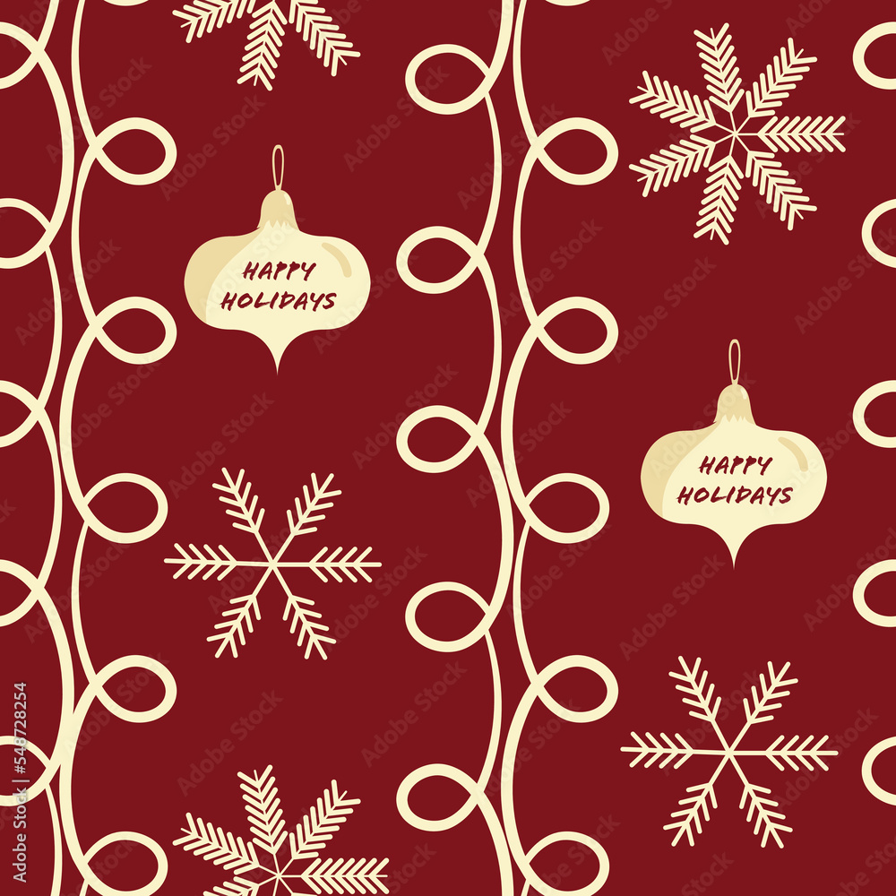 Fototapeta premium Happy Holidays Christmas snowflake, bauble and doodle loop vector seamless pattern background. Red white backdrop with looping doodle lines and winter decoration. Hand drawn festive greeting