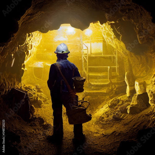 Miner working in a mine with gold ore