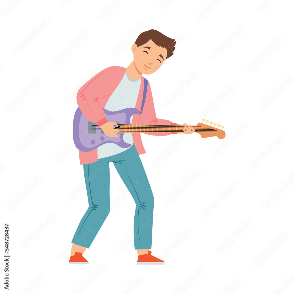 Smiling Teen Boy Standing and Playing Electric Guitar Performing on Stage Vector Illustration Smiling Teen Boy Standing and Playing Electric Guitar Performing on Stage Vector Illustration
