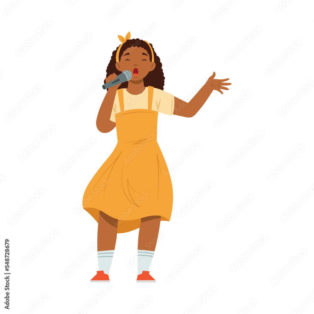 Teen African American Girl Standing and Singing with Microphone Performing on Stage Vector Illustration Teen African American Girl Standing and Singing with Microphone Performing on Stage Vector Illustration