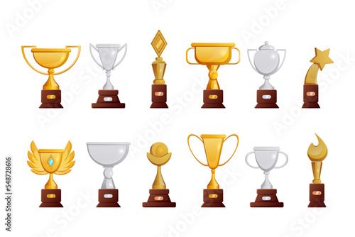 Gold, silver and bronze trophies vector illustrations set. Prizes or awards for sports competitions or contests isolated on white background. Victory, success, achievement, sports concept