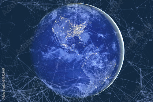Global network - interconnection and signals filling the space around the night globe of the Earth with North America and the glow of cities. 3D illustration