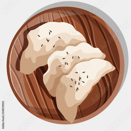 Vector illustration of Chinese food dumplings on the wooden plate isolated on white.