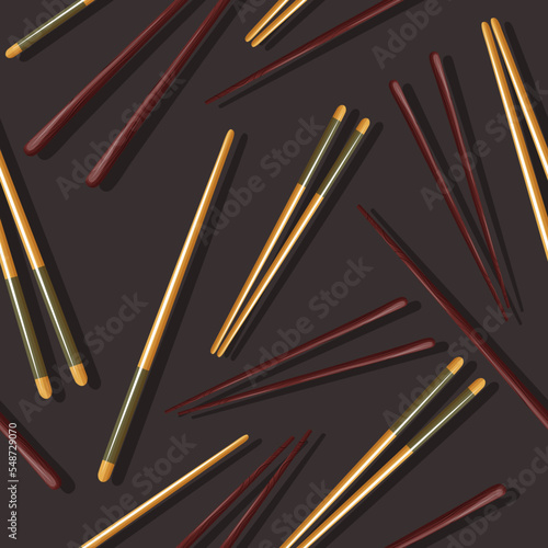 Vector seamless pattern with many asian chopsticks isolated on dark.