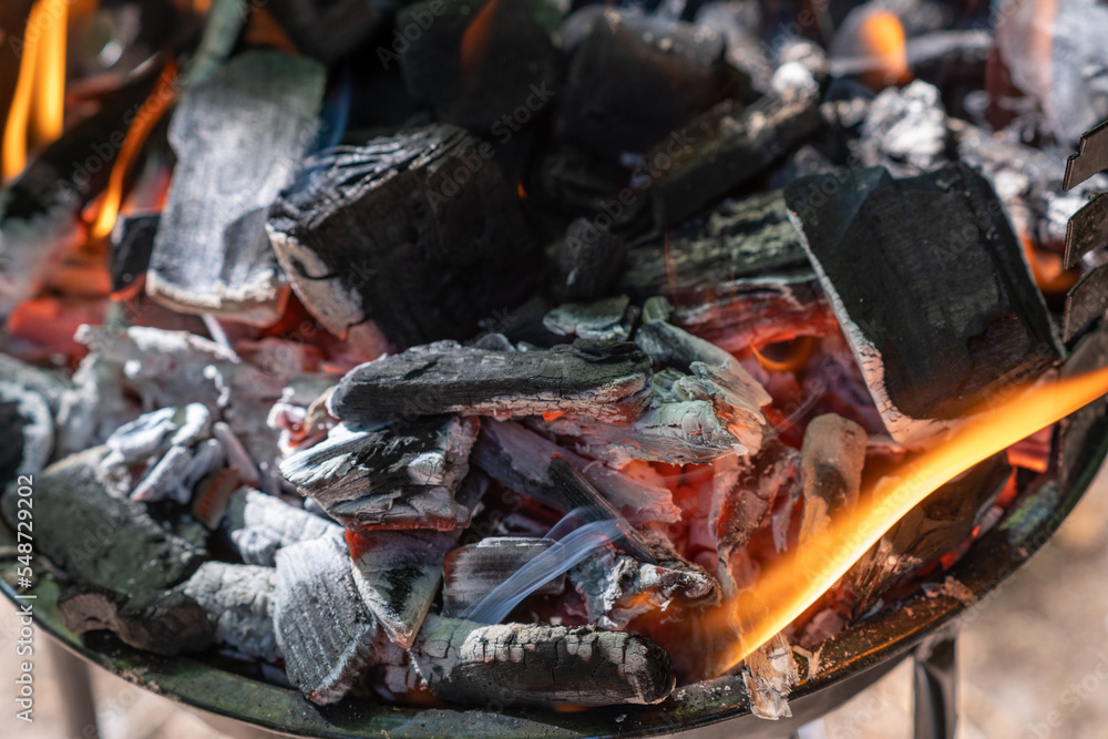 Flame of fire from burning charcoal log in the bonfire on the BBQ grill Flame of fire from burning charcoal log in the bonfire on the BBQ grill