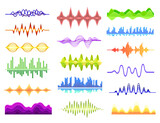 Set of colorful music sound waves. Audio digital equalizer, musical pulse cartoon vector