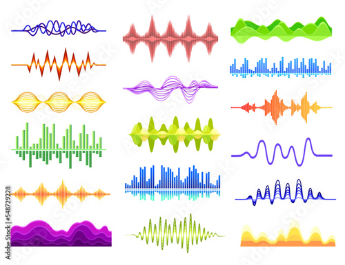Set of colorful music sound waves. Audio digital equalizer, musical pulse cartoon vector