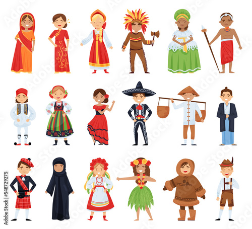 People dressed in costumes of various countries. Children in national costumes cartoon vector