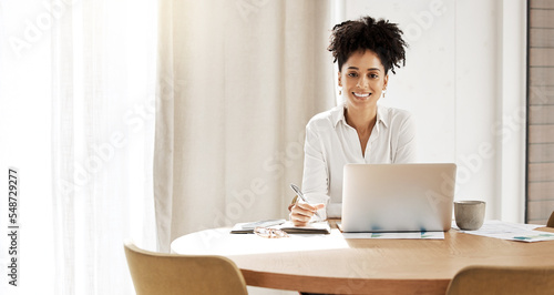 Portrait, black woman and desk for business, laptop and startup company planning on internet research. Female entrepreneur, African American girl online for marketing, strategy and smile with mockup