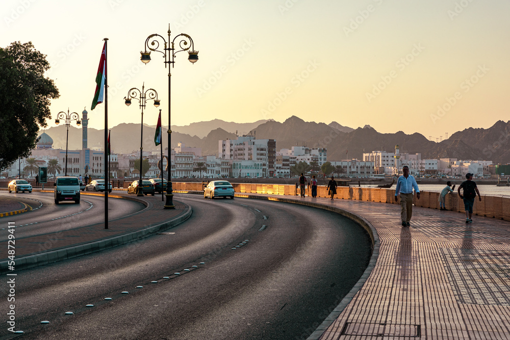 Mutrah Sunset. Cityscape View of Muscat at Beautiful Sunset. The Capital of Oman. Arabian Peninsula.