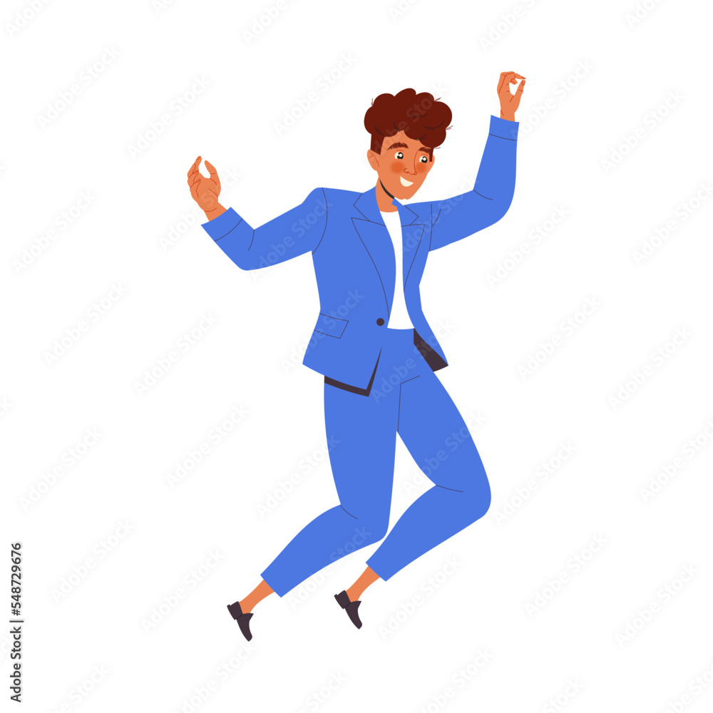 Cheerful Man Character in Blue Suit Jumping with Joy Celebrating New Year Holiday Vector Illustration Cheerful Man Character in Blue Suit Jumping with Joy Celebrating New Year Holiday Vector Illustration